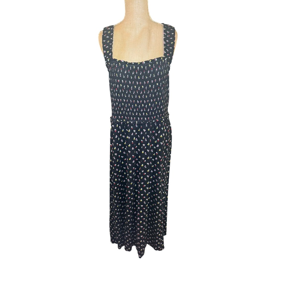Boden Black Floral Smocked‎ Midi Dress Square Neck Cross Back Feminine 14R - Picture 2 of 9